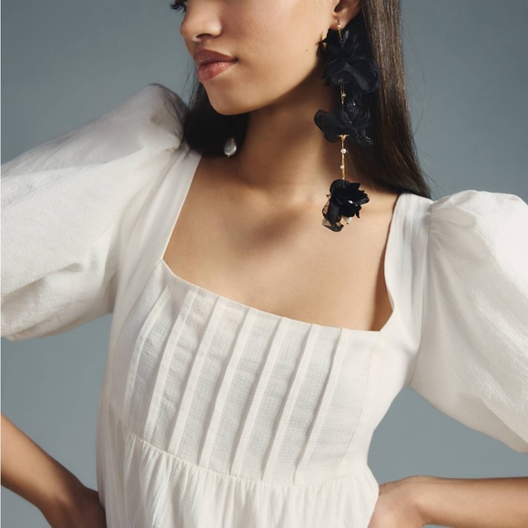 Anthropologie White Puff Sleeve Dress Women’s M Smocked Back Cottagecore tiered - Picture 3 of 10